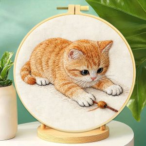 Playful Kittens in Garden Botanical Hand Embroidery Kit